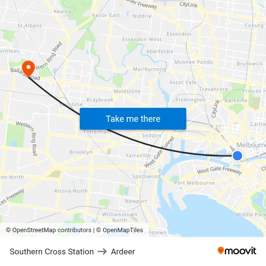 Southern Cross Station to Ardeer map