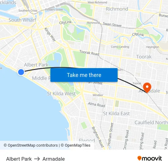 Albert Park to Armadale map