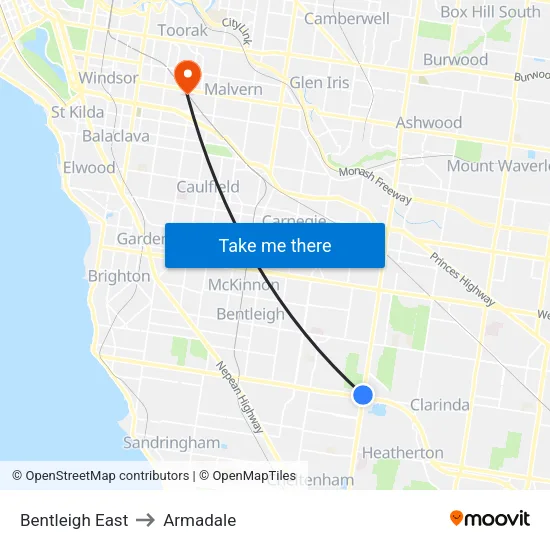 Bentleigh East to Armadale map