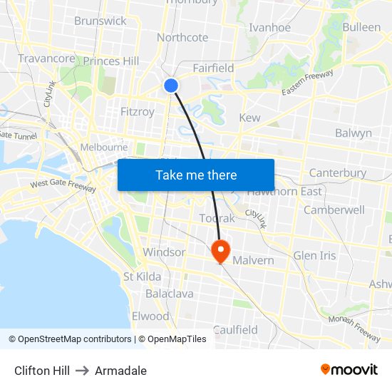 Clifton Hill to Armadale map