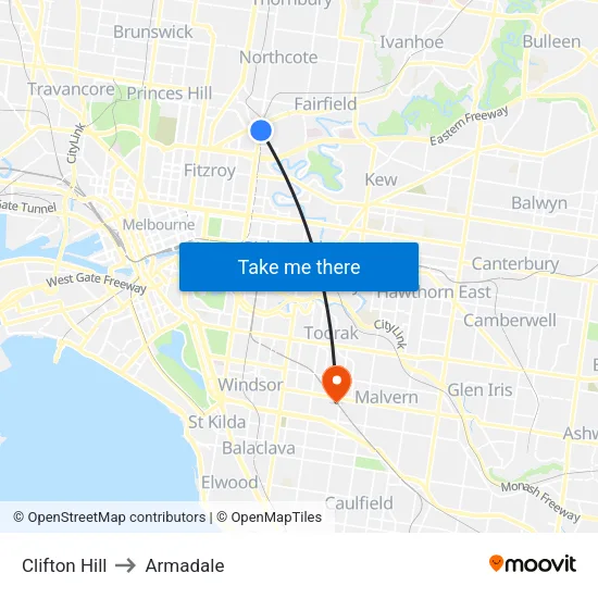 Clifton Hill to Armadale map