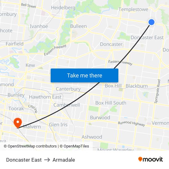 Doncaster East to Armadale map