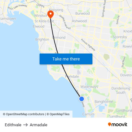 Edithvale to Armadale map