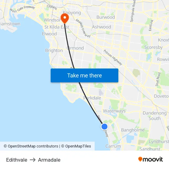 Edithvale to Armadale map