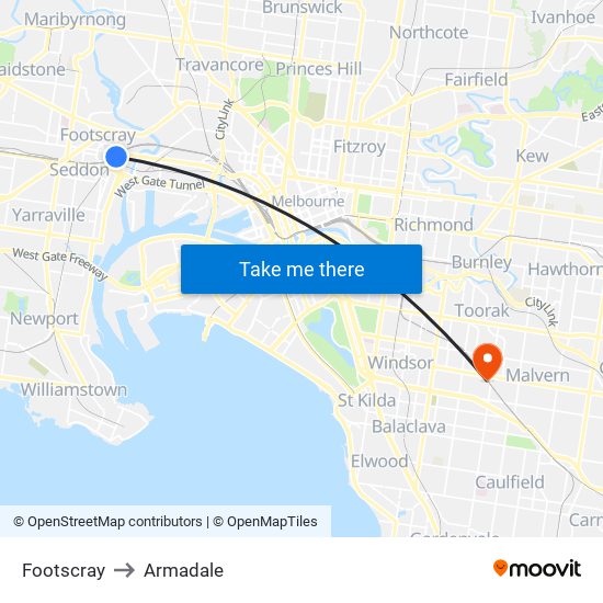Footscray to Armadale map