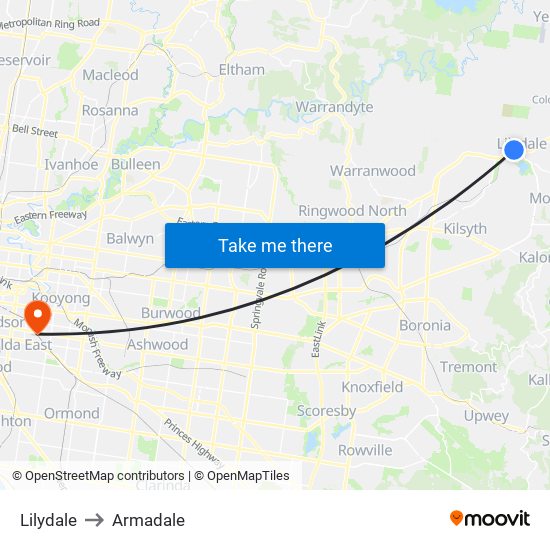 Lilydale to Armadale map