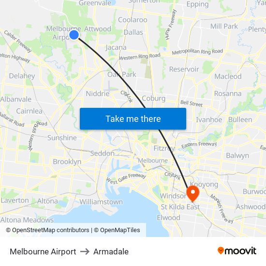 Melbourne Airport to Armadale map