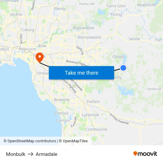 Monbulk to Armadale map