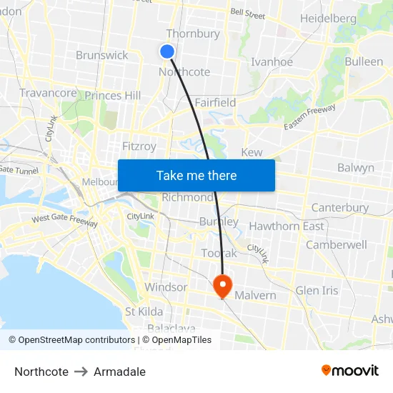 Northcote to Armadale map