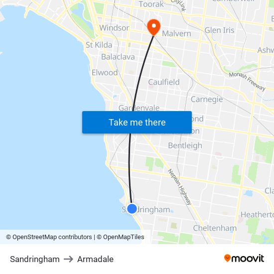 Sandringham to Armadale map