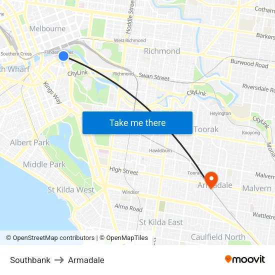Southbank to Armadale map