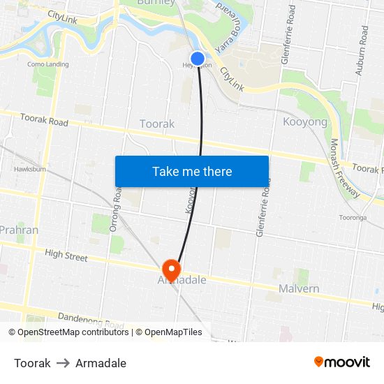 Toorak to Armadale map