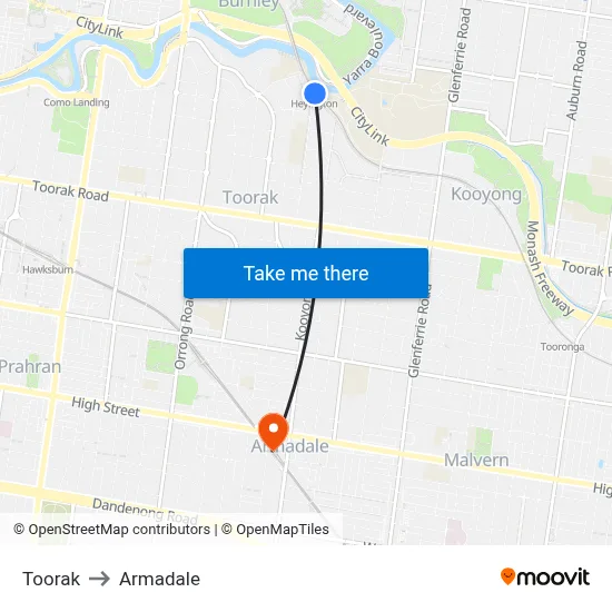 Toorak to Armadale map
