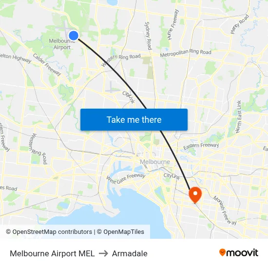 Melbourne Airport MEL to Armadale map