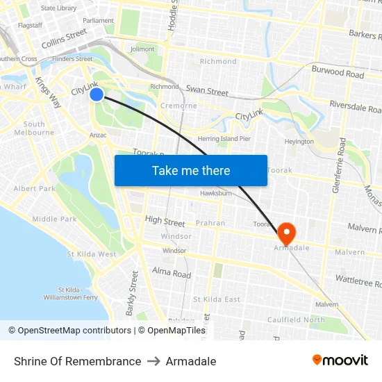 Shrine Of Remembrance to Armadale map