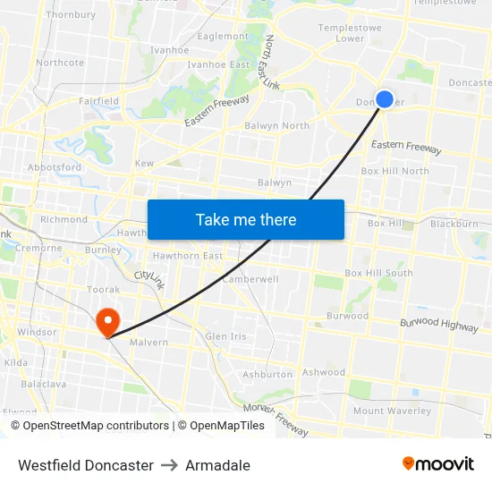 Westfield Doncaster to Armadale map