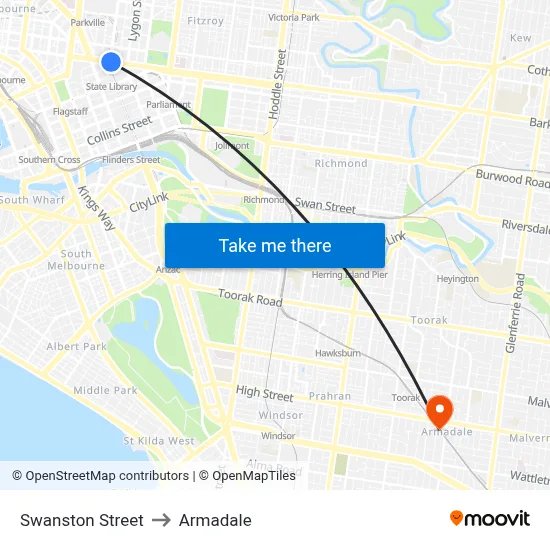 Swanston Street to Armadale map