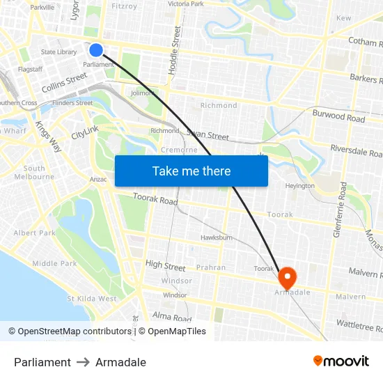 Parliament to Armadale map