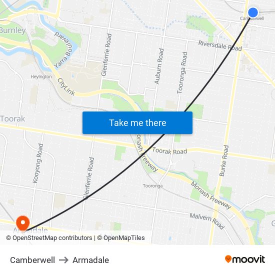 Camberwell to Armadale map