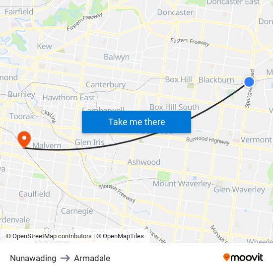 Nunawading to Armadale map