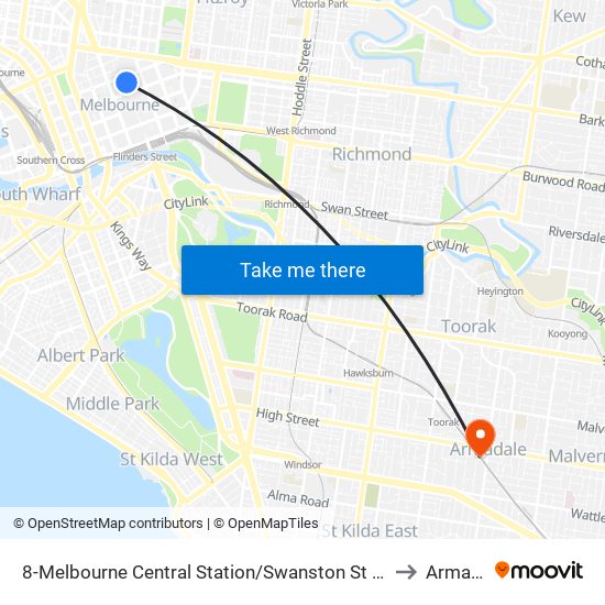 8-Melbourne Central Station/Swanston St (Melbourne City) to Armadale map