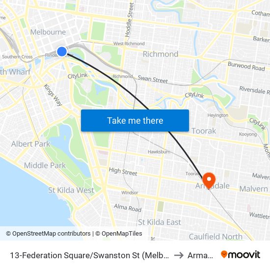 13-Federation Square/Swanston St (Melbourne City) to Armadale map