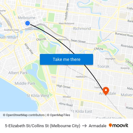 5-Elizabeth St/Collins St (Melbourne City) to Armadale map