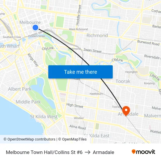 Melbourne Town Hall/Collins St #6 to Armadale map