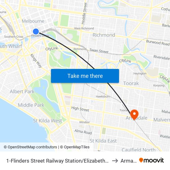 1-Flinders Street Railway Station/Elizabeth St (Melbourne City) to Armadale map