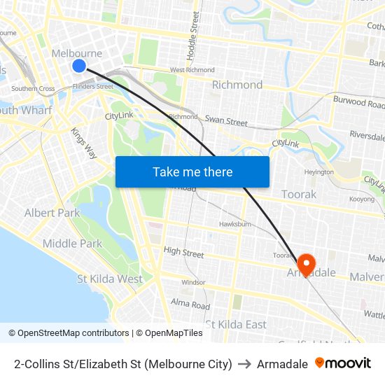 2-Collins St/Elizabeth St (Melbourne City) to Armadale map