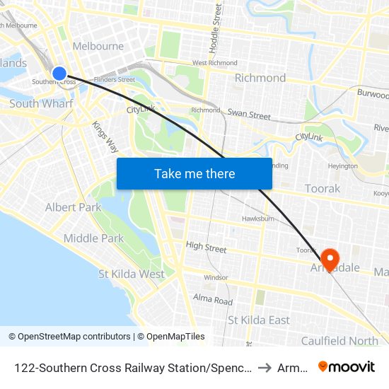 122-Southern Cross Railway Station/Spencer St (Melbourne City) to Armadale map
