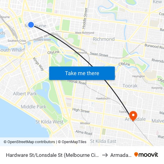 Hardware St/Lonsdale St (Melbourne City) to Armadale map