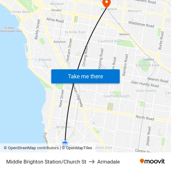 Middle Brighton Station/Church St to Armadale map