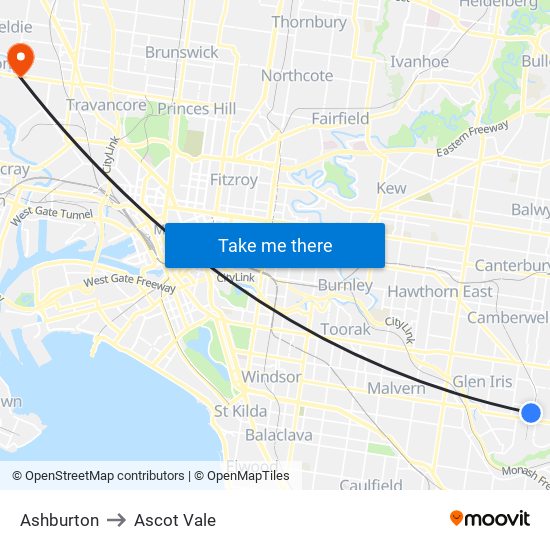 Ashburton to Ascot Vale map