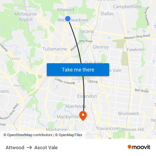 Attwood to Ascot Vale map