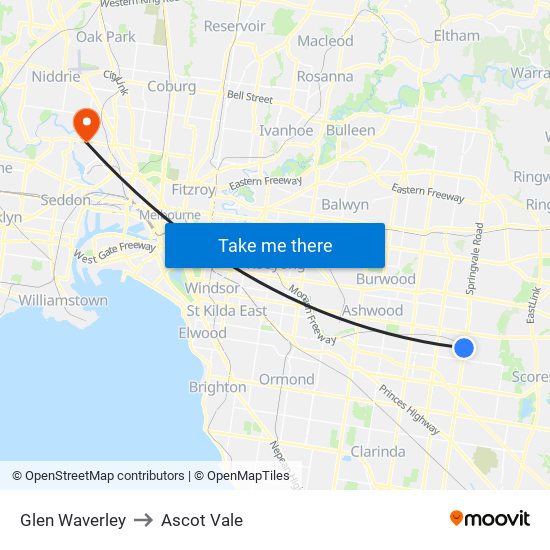 Glen Waverley to Ascot Vale map