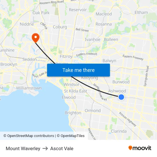 Mount Waverley to Ascot Vale map