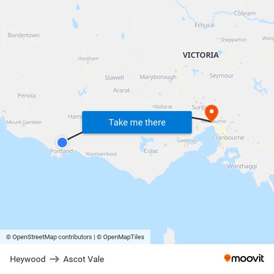 Heywood to Ascot Vale map