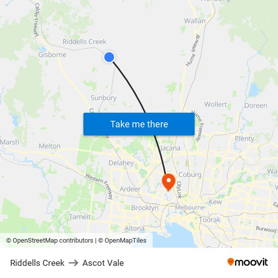 Riddells Creek to Ascot Vale map