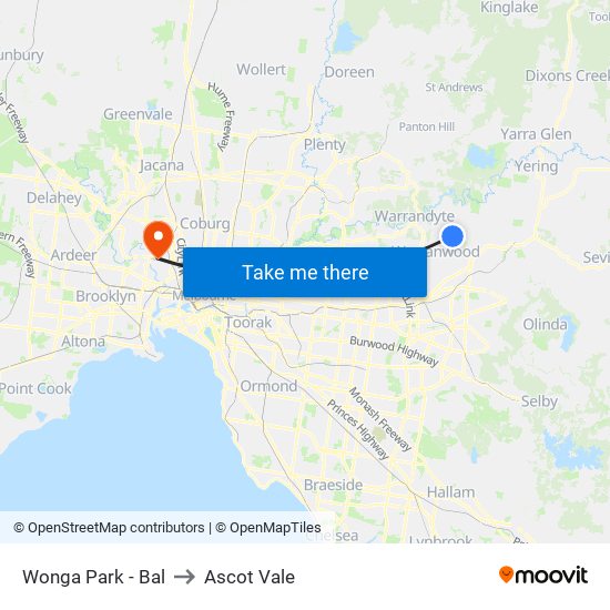 Wonga Park - Bal to Ascot Vale map