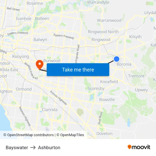 Bayswater to Ashburton map