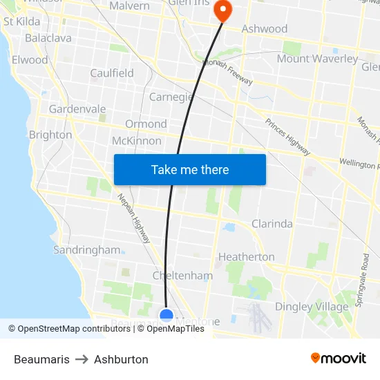 Beaumaris to Ashburton map