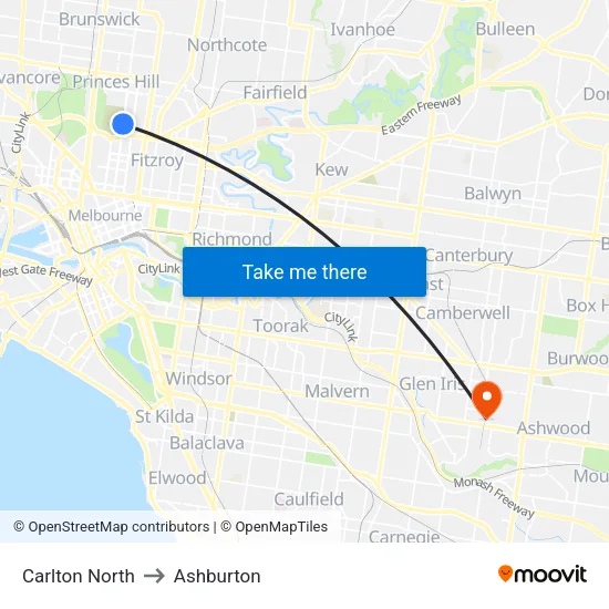 Carlton North to Ashburton map