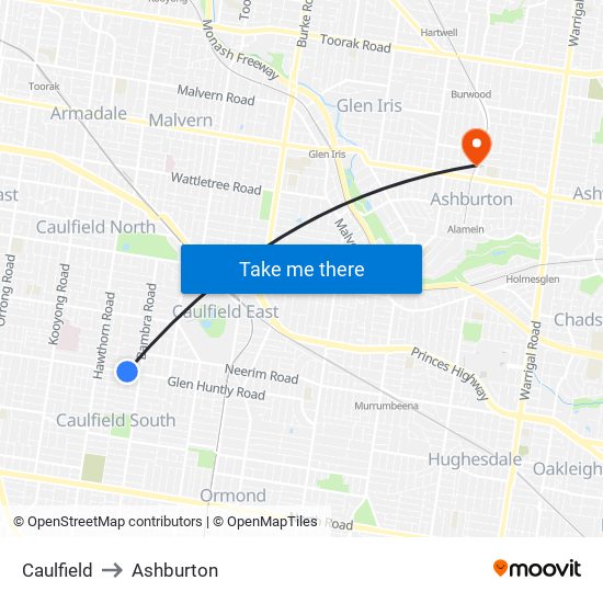 Caulfield to Ashburton map