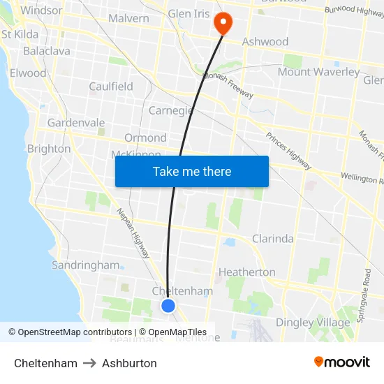 Cheltenham to Ashburton map