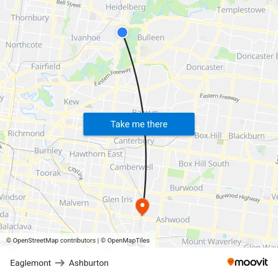Eaglemont to Ashburton map