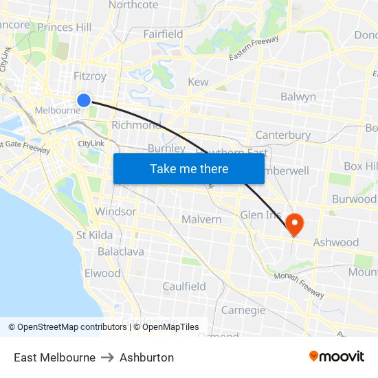 East Melbourne to Ashburton map