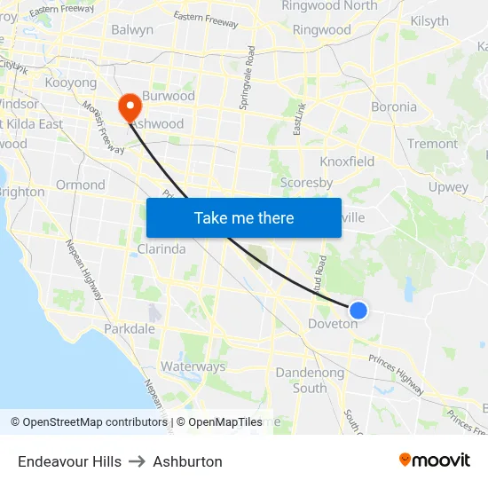 Endeavour Hills to Ashburton map