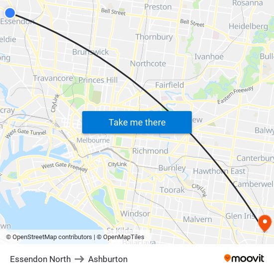 Essendon North to Ashburton map