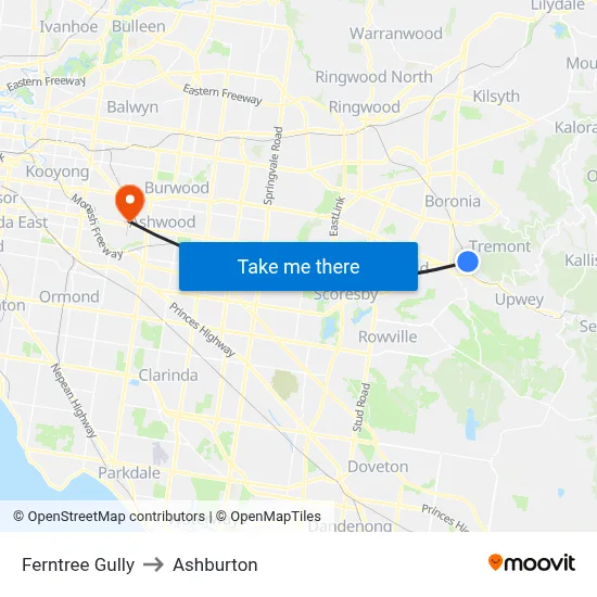 Ferntree Gully to Ashburton map